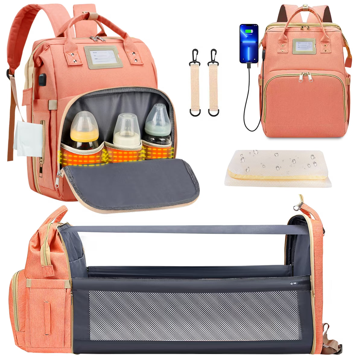 Diaper Bag Backpack, Multifunctional Baby Diaper Bag with Changing Station, Large Capacity Travel Backpack with Insulated Milk Bottle Pocket&Foldable Crib, USB Charging Port(Pink)