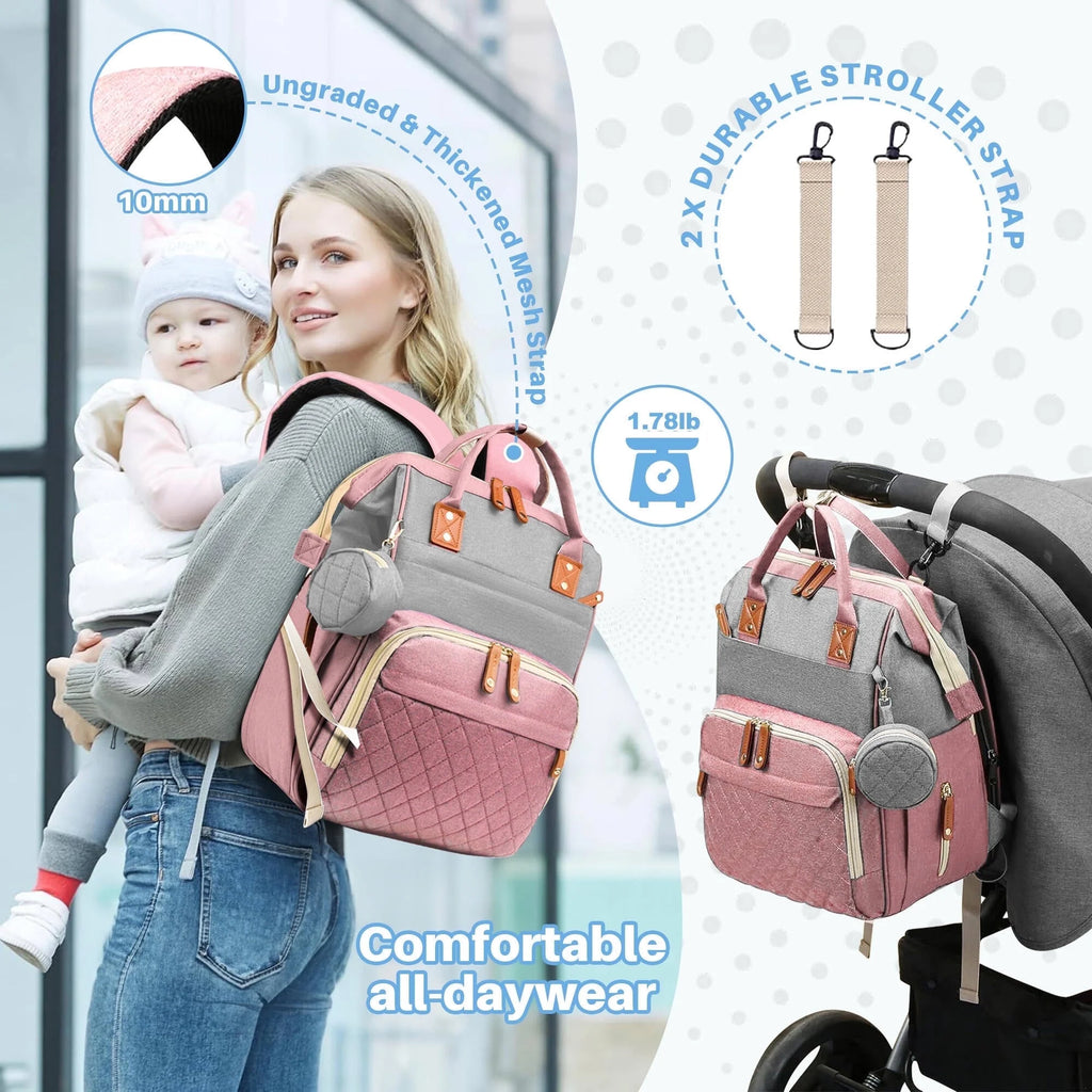 Baby Diaper Bag Backpack, Multifunction Waterproof Baby Bag with USB Charging Port, Stroller Straps & Pacifier Case Unisex, Pink