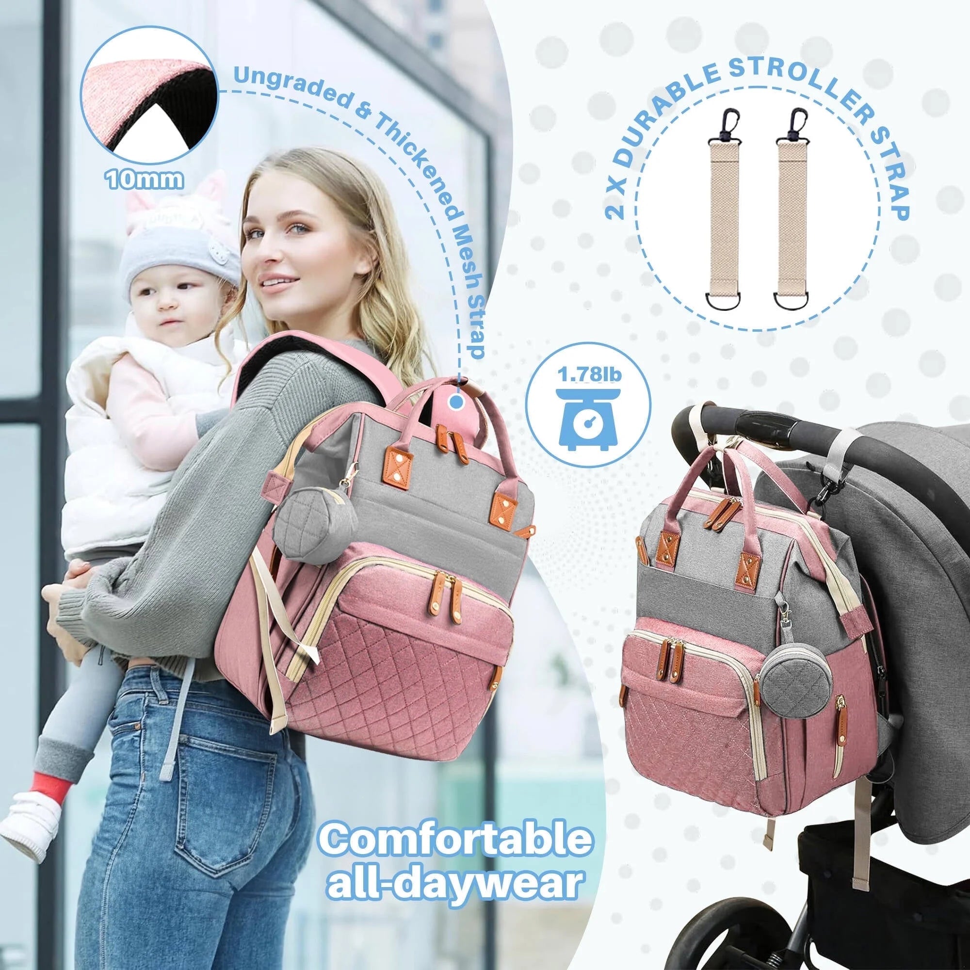 Baby Diaper Bag Backpack, Multifunction Waterproof Baby Bag with USB Charging Port, Stroller Straps & Pacifier Case Unisex, Pink