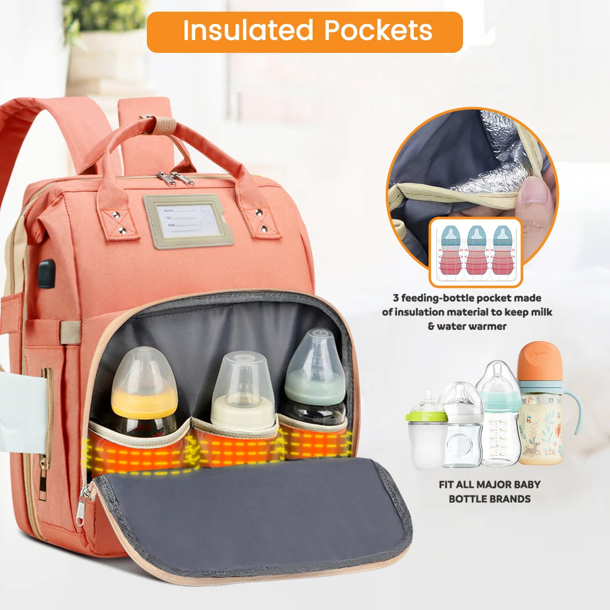 Diaper Bag Backpack, Multifunctional Baby Diaper Bag with Changing Station, Large Capacity Travel Backpack with Insulated Milk Bottle Pocket&Foldable Crib, USB Charging Port(Pink)