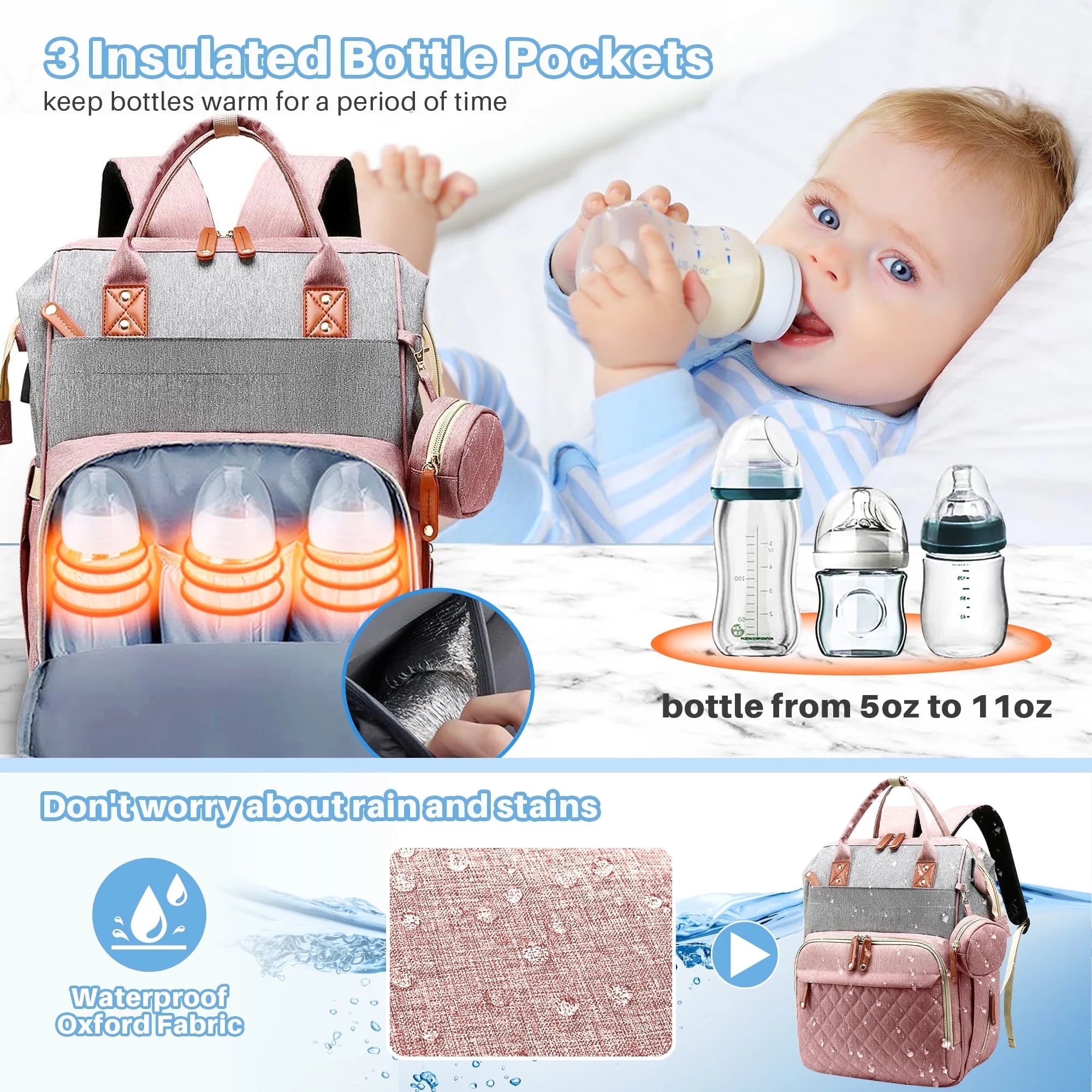 Baby Diaper Bag Backpack, Multifunction Waterproof Baby Bag with USB Charging Port, Stroller Straps & Pacifier Case Unisex, Pink