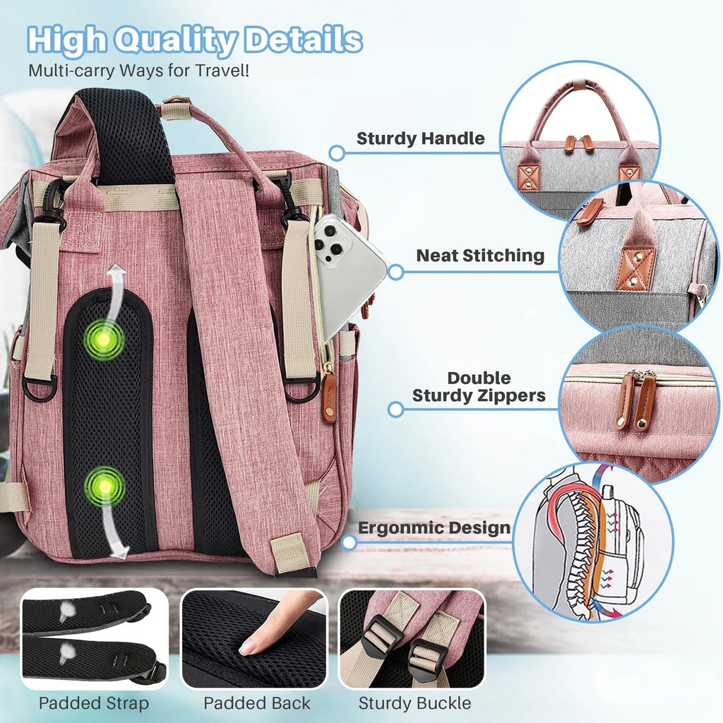 Baby Diaper Bag Backpack, Multifunction Waterproof Baby Bag with USB Charging Port, Stroller Straps & Pacifier Case Unisex, Pink