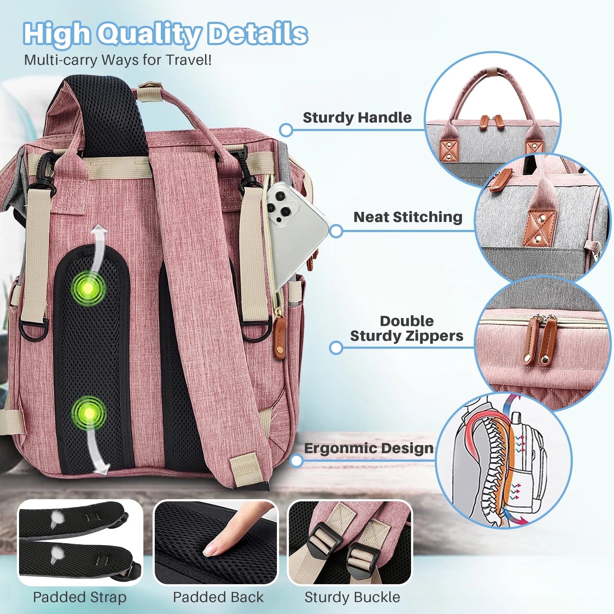 Baby Diaper Bag Backpack, Multifunction Waterproof Baby Bag with USB Charging Port, Stroller Straps & Pacifier Case Unisex, Pink