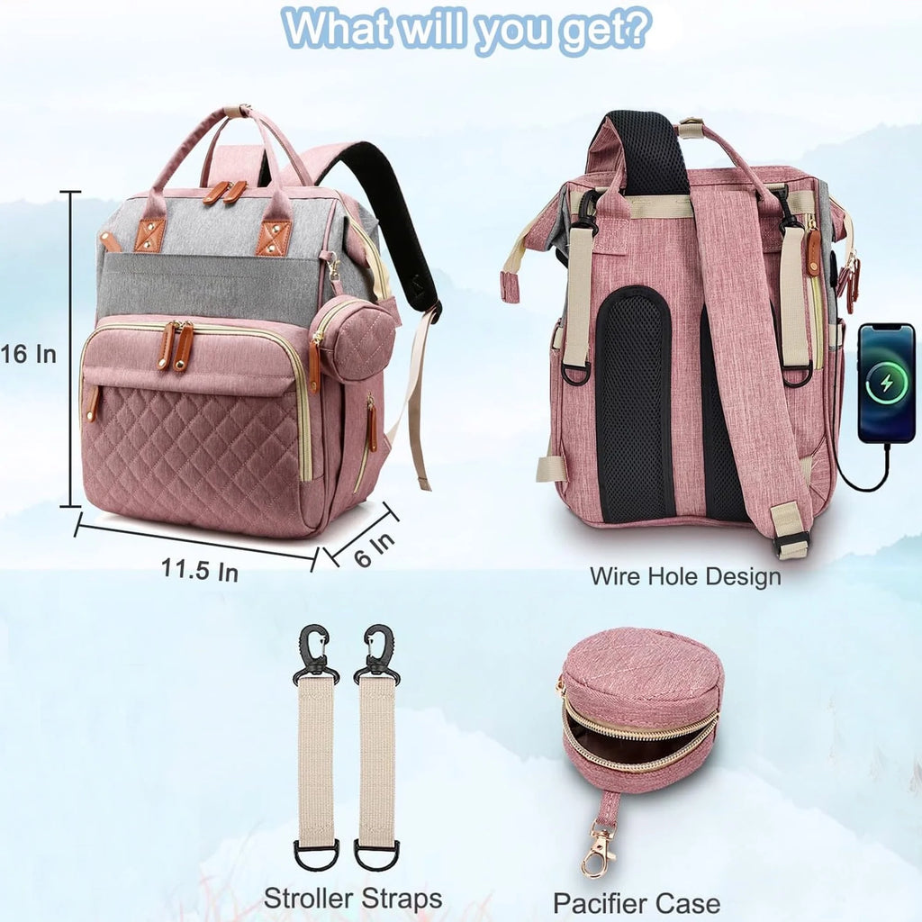 Baby Diaper Bag Backpack, Multifunction Waterproof Baby Bag with USB Charging Port, Stroller Straps & Pacifier Case Unisex, Pink