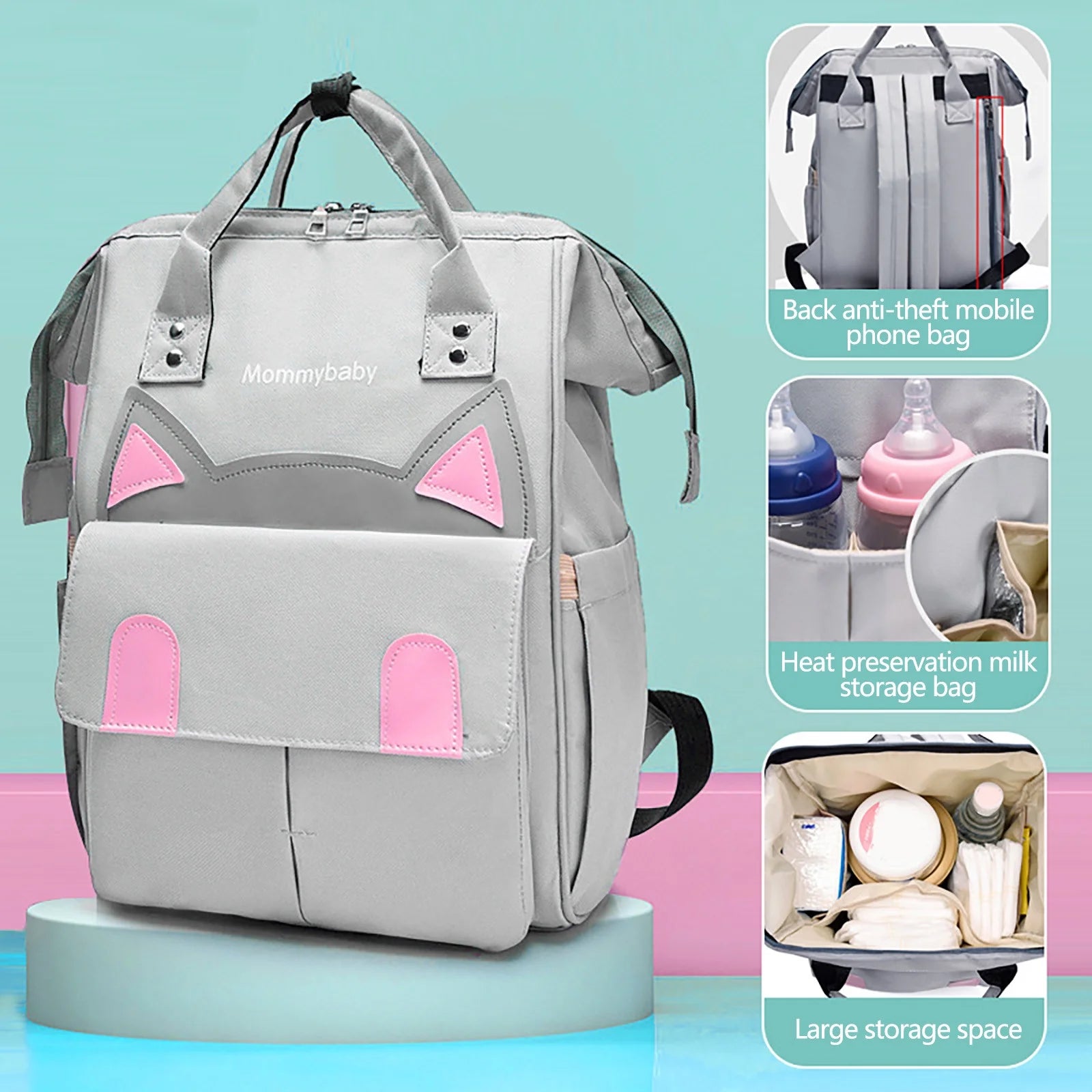 Mommy Oxford Cloth Large Diaper Bags with Insulated Pockets, Pink