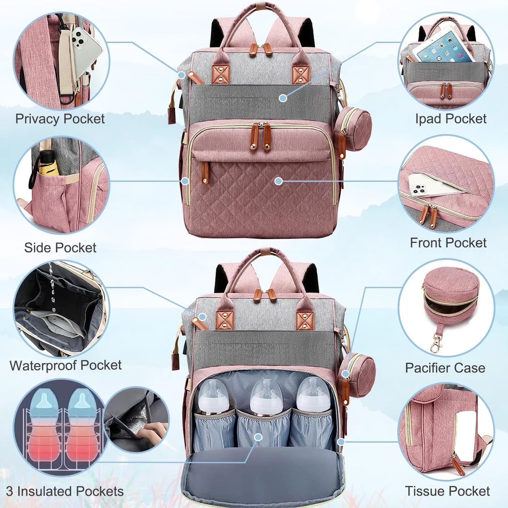 Baby Diaper Bag Backpack, Multifunction Waterproof Baby Bag with USB Charging Port, Stroller Straps & Pacifier Case Unisex, Pink