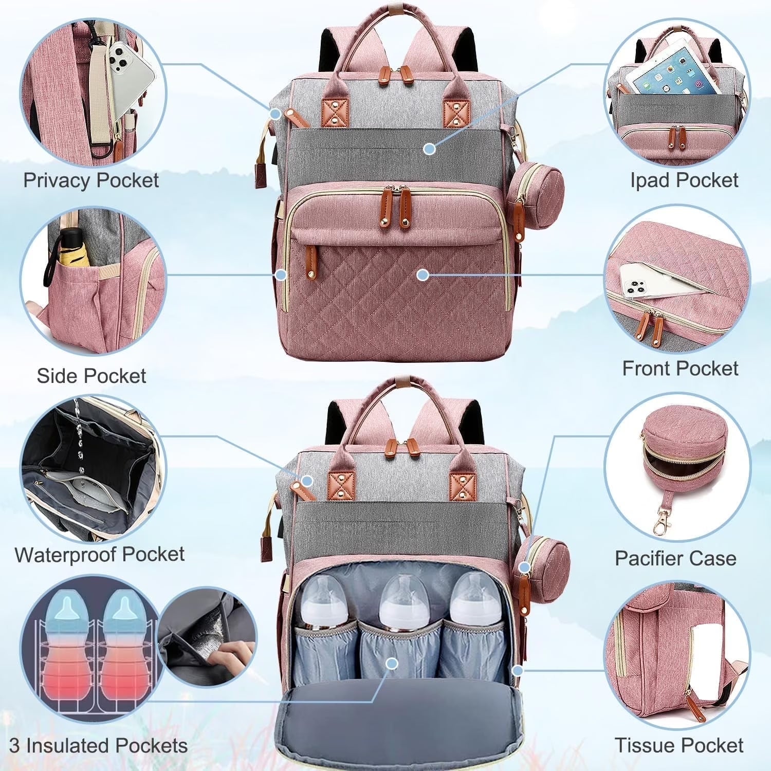 Baby Diaper Bag Backpack, Multifunction Waterproof Baby Bag with USB Charging Port, Stroller Straps & Pacifier Case Unisex, Pink