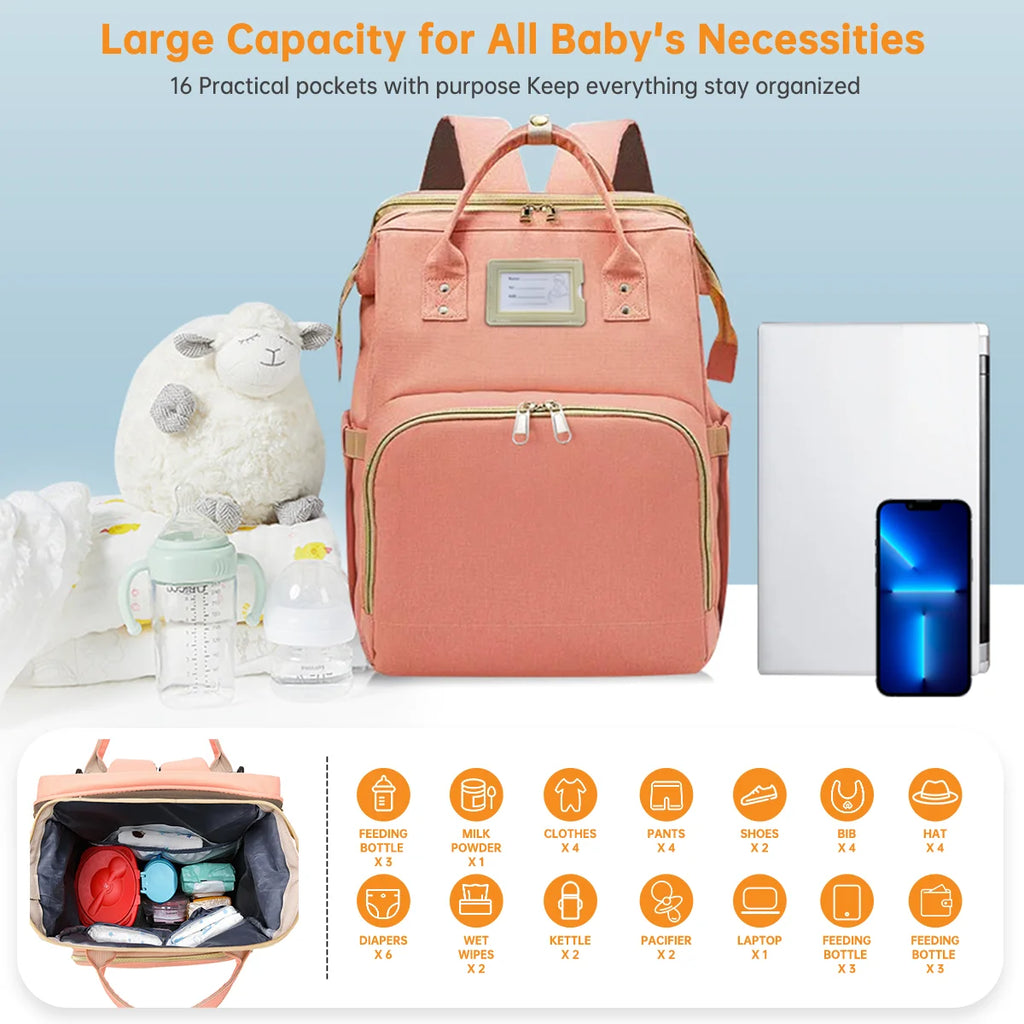Diaper Bag Backpack, Multifunctional Baby Diaper Bag with Changing Station, Large Capacity Travel Backpack with Insulated Milk Bottle Pocket&Foldable Crib, USB Charging Port(Pink)