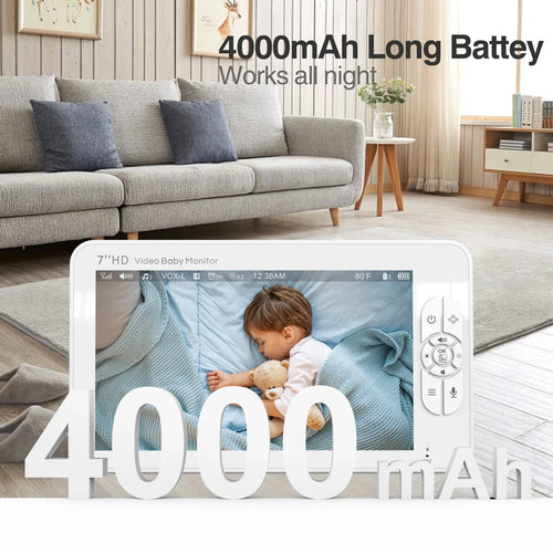 7" HD Split Screen Video Baby Monitor No Wifi, Baby Camera Monitor, Hack Proof, Remote Zoom/Pan/Tilt, 4000Mah Battery