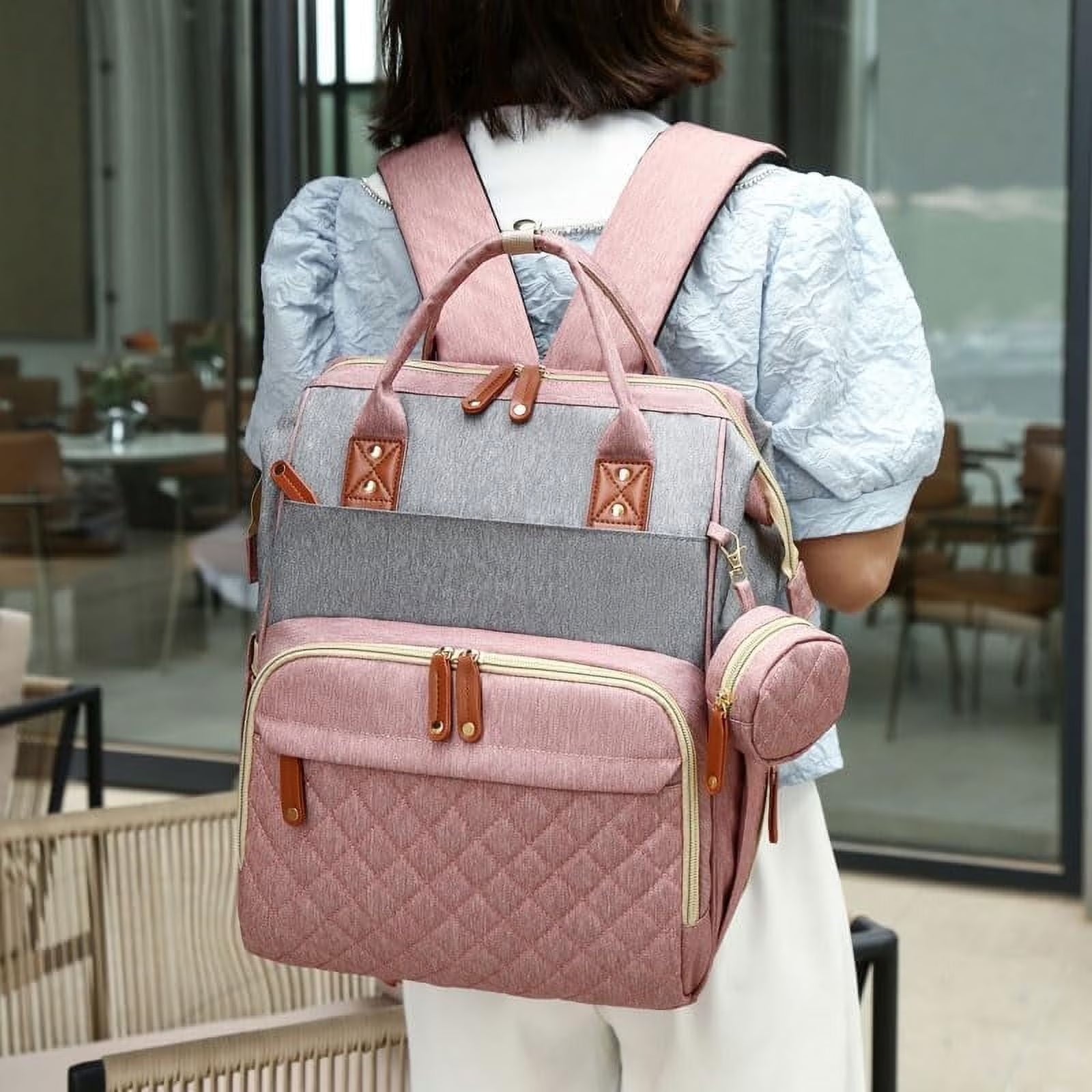 Baby Diaper Bag Backpack, Multifunction Waterproof Baby Bag with USB Charging Port, Stroller Straps & Pacifier Case Unisex, Pink