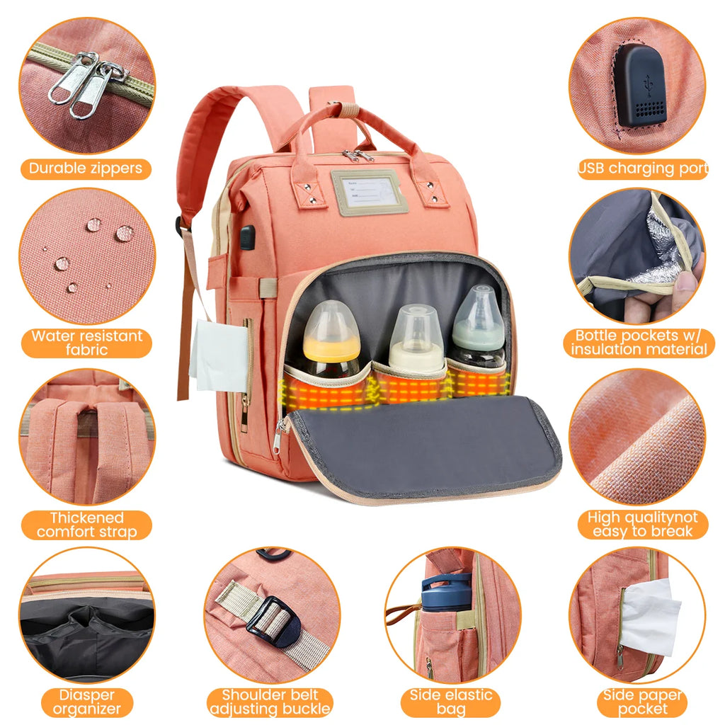 Diaper Bag Backpack, Multifunctional Baby Diaper Bag with Changing Station, Large Capacity Travel Backpack with Insulated Milk Bottle Pocket&Foldable Crib, USB Charging Port(Pink)