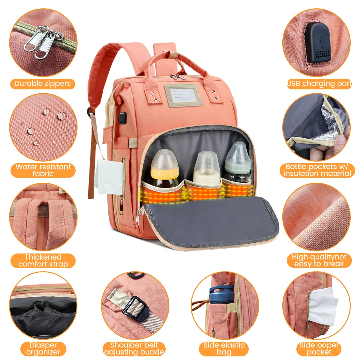 Diaper Bag Backpack, Multifunctional Baby Diaper Bag with Changing Station, Large Capacity Travel Backpack with Insulated Milk Bottle Pocket&Foldable Crib, USB Charging Port(Pink)
