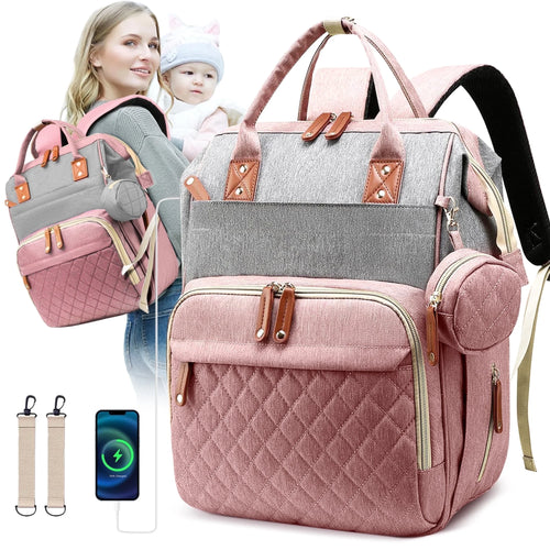 Baby Diaper Bag Backpack, Multifunction Waterproof Baby Bag with USB Charging Port, Stroller Straps & Pacifier Case Unisex, Pink