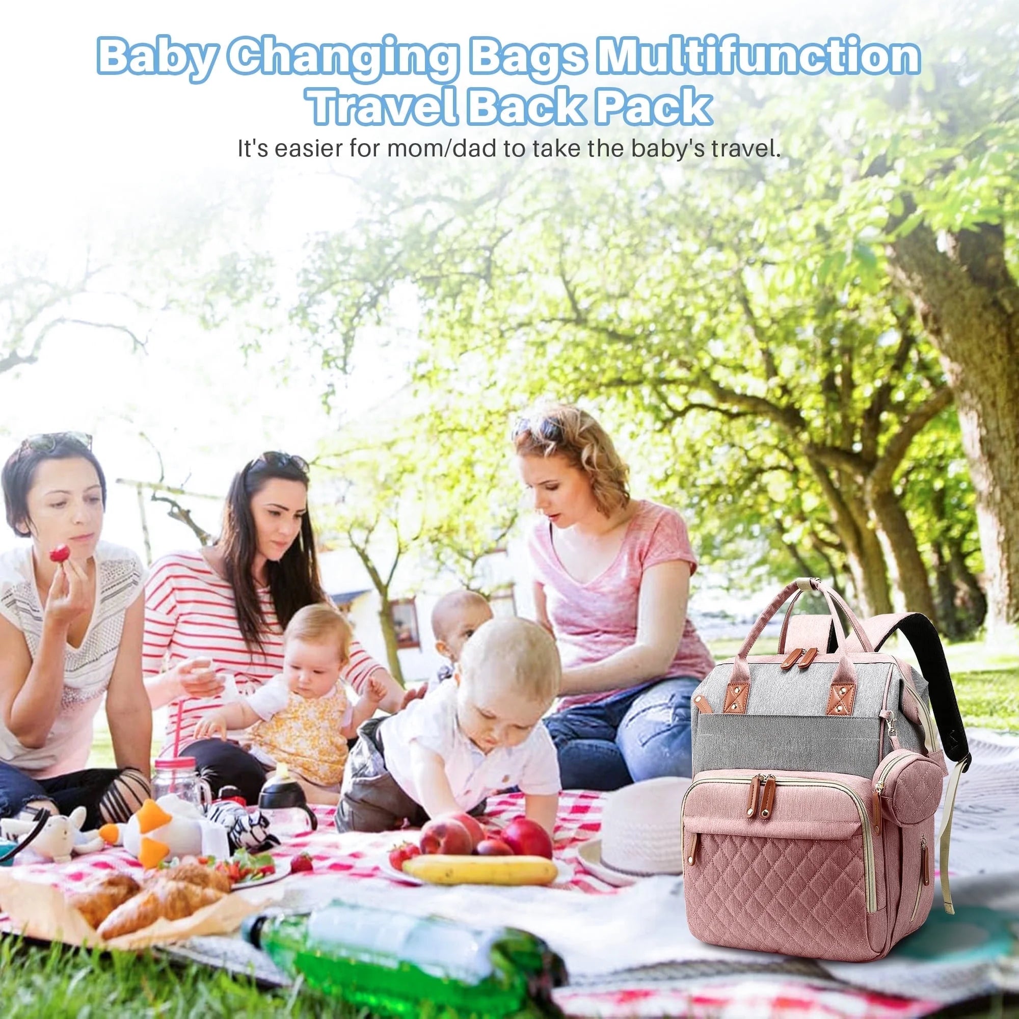Baby Diaper Bag Backpack, Multifunction Waterproof Baby Bag with USB Charging Port, Stroller Straps & Pacifier Case Unisex, Pink