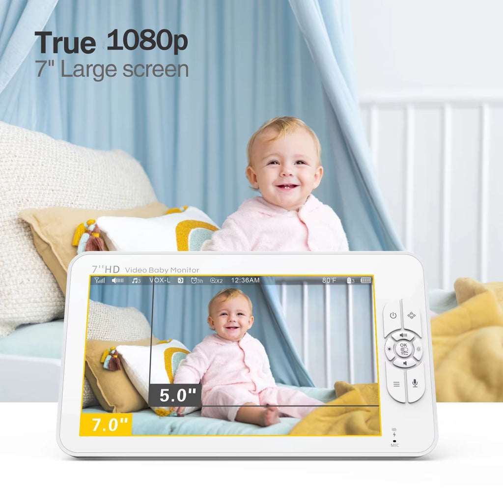 7" HD Split Screen Video Baby Monitor No Wifi, Baby Camera Monitor, Hack Proof, Remote Zoom/Pan/Tilt, 4000Mah Battery