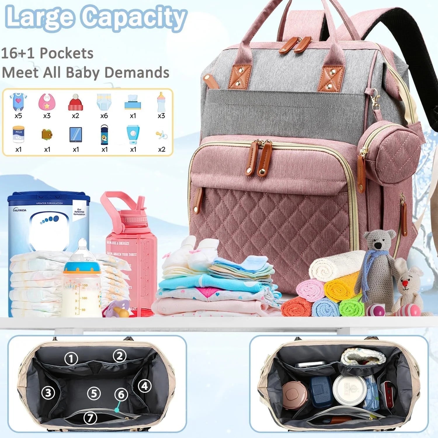Baby Diaper Bag Backpack, Multifunction Waterproof Baby Bag with USB Charging Port, Stroller Straps & Pacifier Case Unisex, Pink
