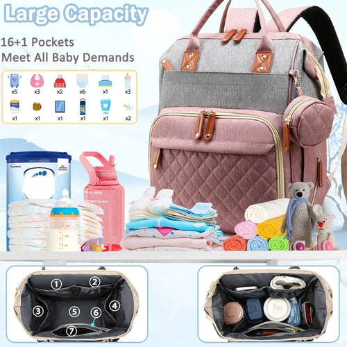 Baby Diaper Bag Backpack, Multifunction Waterproof Baby Bag with USB Charging Port, Stroller Straps & Pacifier Case Unisex, Pink